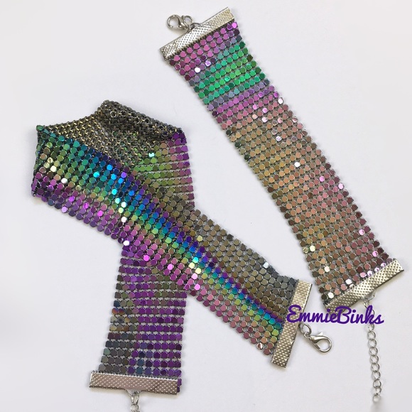 ✨3for$38 New 2 Piece Oil Slick Holographic Metallic Mesh Choker & Bracelet Set - Picture 8 of 15